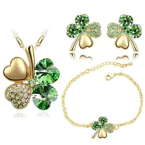 KIMLUD, Crystal Clover 4 Leaf leaves heart pendant Jewelry sets necklace earrings bracelet women lovers cute romantic gifts summer party, gold darkgreen, KIMLUD APPAREL - Womens Clothes