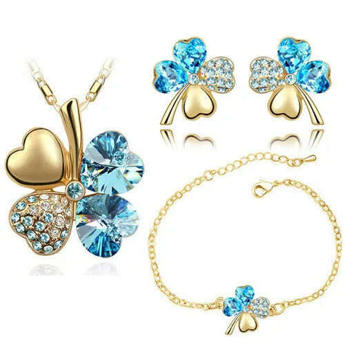 KIMLUD, Crystal Clover 4 Leaf leaves heart pendant Jewelry sets necklace earrings bracelet women lovers cute romantic gifts summer party, gold oceanblue, KIMLUD APPAREL - Womens Clothes