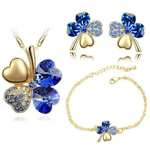 KIMLUD, Crystal Clover 4 Leaf leaves heart pendant Jewelry sets necklace earrings bracelet women lovers cute romantic gifts summer party, gold darkblue, KIMLUD APPAREL - Womens Clothes