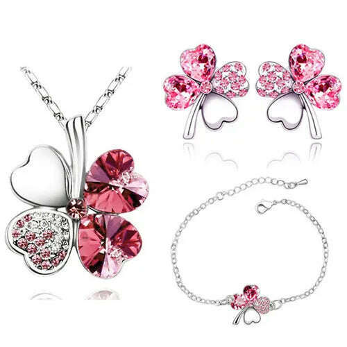 KIMLUD, Crystal Clover 4 Leaf leaves heart pendant Jewelry sets necklace earrings bracelet women lovers cute romantic gifts summer party, silver darkpink, KIMLUD APPAREL - Womens Clothes