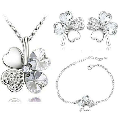 KIMLUD, Crystal Clover 4 Leaf leaves heart pendant Jewelry sets necklace earrings bracelet women lovers cute romantic gifts summer party, silver white, KIMLUD APPAREL - Womens Clothes