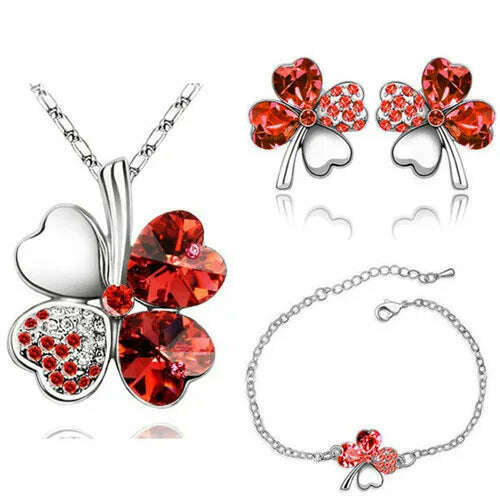 KIMLUD, Crystal Clover 4 Leaf leaves heart pendant Jewelry sets necklace earrings bracelet women lovers cute romantic gifts summer party, silver red, KIMLUD APPAREL - Womens Clothes