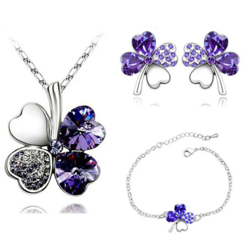 KIMLUD, Crystal Clover 4 Leaf leaves heart pendant Jewelry sets necklace earrings bracelet women lovers cute romantic gifts summer party, KIMLUD Womens Clothes