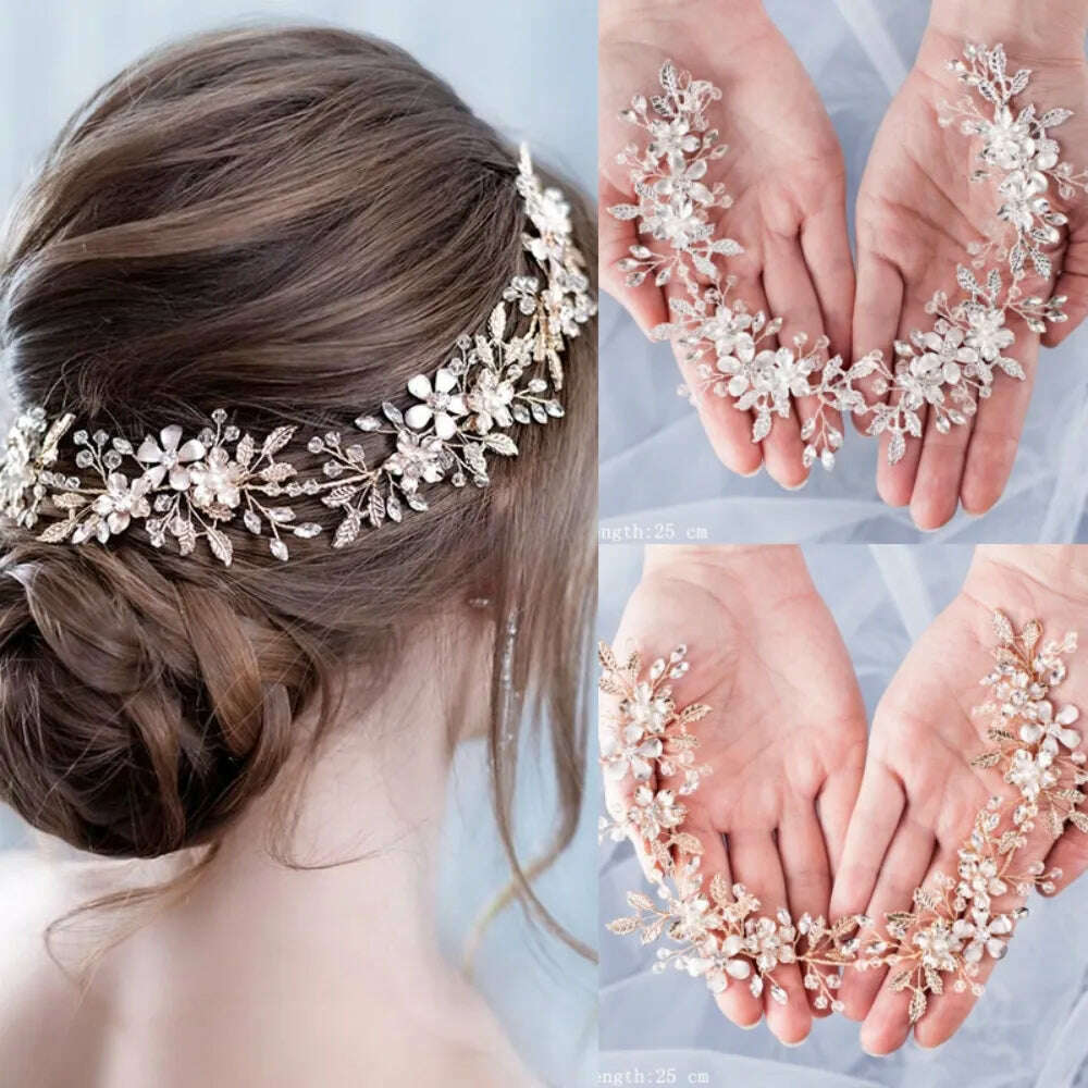 Crystal Flower Leaf Wedding Bridal Headbands Tiaras For Women Bride Rhinestone Bridal Wedding Hair Accessories Jewelry Band Gift - KIMLUD