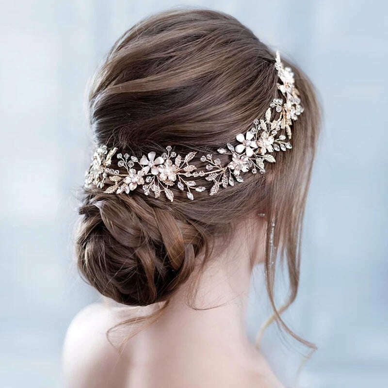 Crystal Flower Leaf Wedding Bridal Headbands Tiaras For Women Bride Rhinestone Bridal Wedding Hair Accessories Jewelry Band Gift - KIMLUD