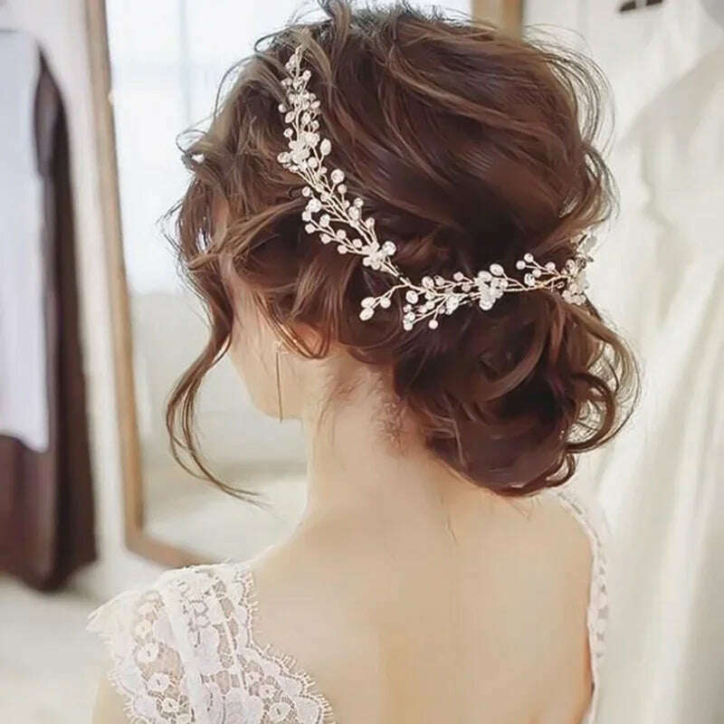 Crystal Pearl Hairpin Hair Vine Long Head Piece Hair Comb Headband Hairpins Hairbands Accessories Wedding Bridal Hair Jewelry - KIMLUD