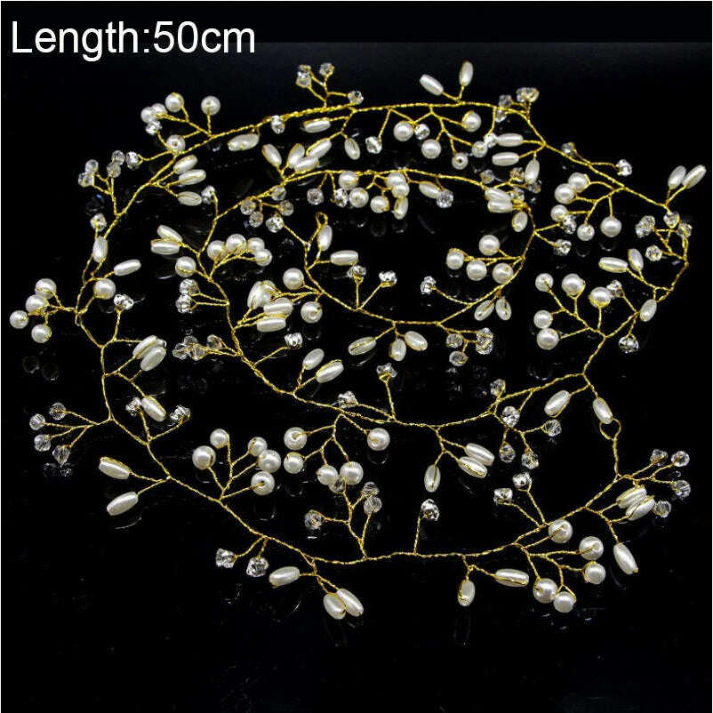 KIMLUD, Crystal Pearl Tiaras Hairbands Hairpins Bridesmaid Diamante Vine Decoration Hair Accessories Bridal Wedding Jewelry Headwear, Gold 50cm tiaras, KIMLUD APPAREL - Womens Clothes