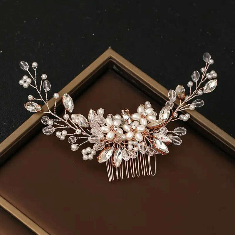 Crystal Rhinestone Flower Pearl Hair Comb Bridal Headband Tiara Hairpin Party Wedding Bridal Hair Accessories Jewelry - KIMLUD