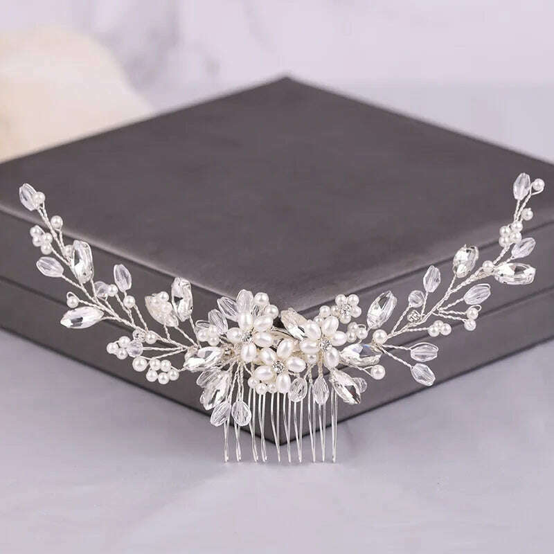 Crystal Rhinestone Flower Pearl Hair Comb Bridal Headband Tiara Hairpin Party Wedding Bridal Hair Accessories Jewelry - KIMLUD