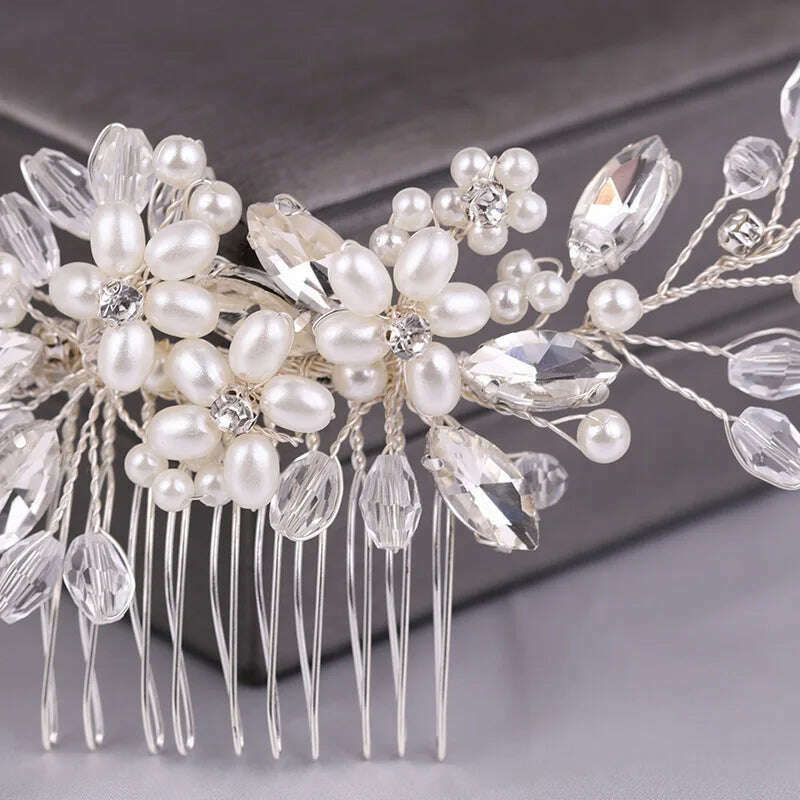 Crystal Rhinestone Flower Pearl Hair Comb Bridal Headband Tiara Hairpin Party Wedding Bridal Hair Accessories Jewelry - KIMLUD