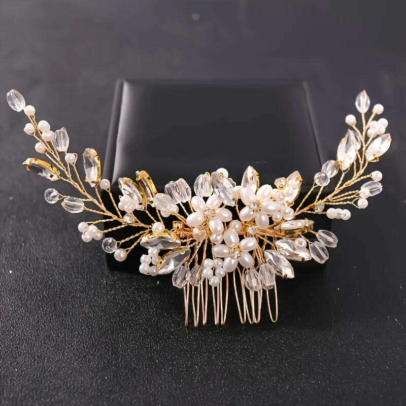 Crystal Rhinestone Flower Pearl Hair Comb Bridal Headband Tiara Hairpin Party Wedding Bridal Hair Accessories Jewelry - KIMLUD