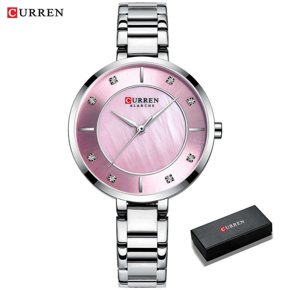 KIMLUD, CURREN Ladies Watches Fashion Elegant Quartz Watch Women Dress Wristwatch with Rhinestone Set Dial Rose Gold Steel Band Clock, silver pink box, KIMLUD APPAREL - Womens Clothes