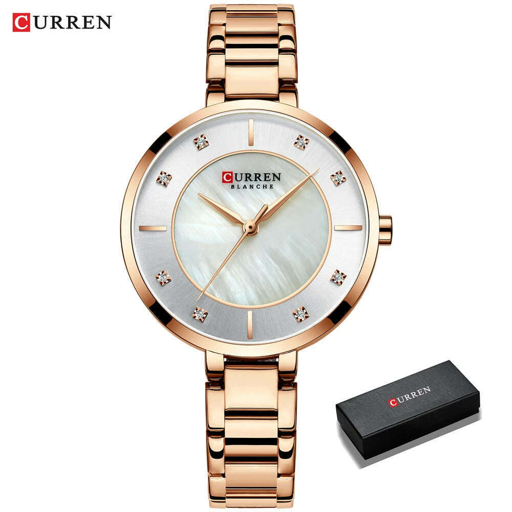 KIMLUD, CURREN Ladies Watches Fashion Elegant Quartz Watch Women Dress Wristwatch with Rhinestone Set Dial Rose Gold Steel Band Clock, rose gold box, KIMLUD APPAREL - Womens Clothes