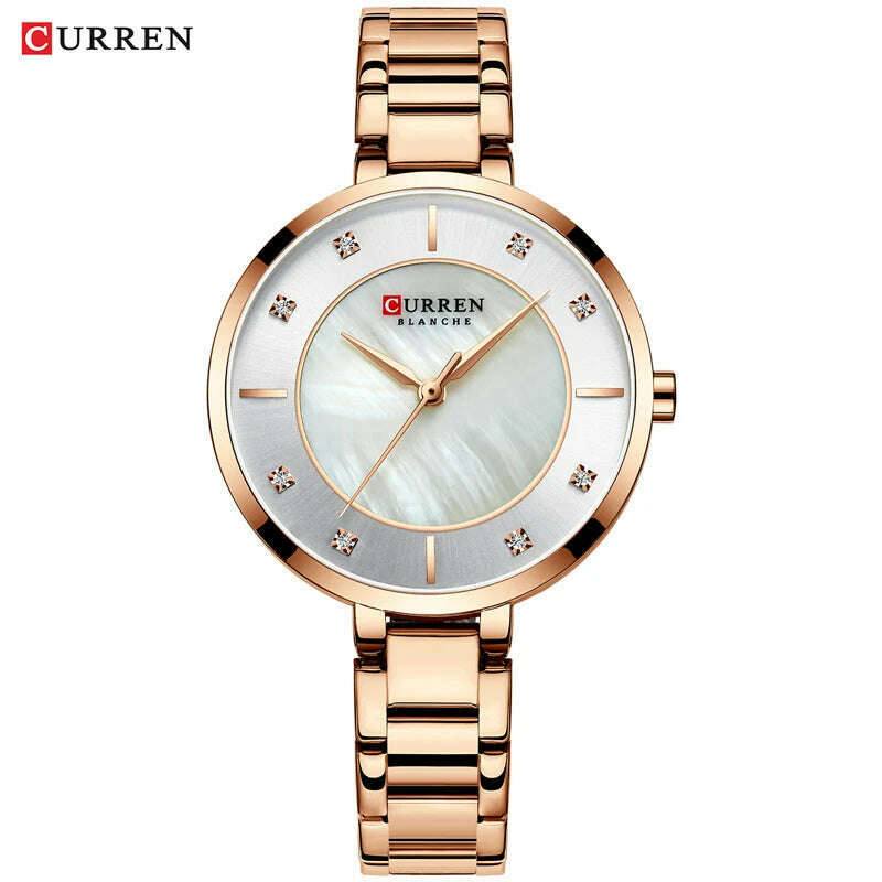 KIMLUD, CURREN Ladies Watches Fashion Elegant Quartz Watch Women Dress Wristwatch with Rhinestone Set Dial Rose Gold Steel Band Clock, rose gold, KIMLUD APPAREL - Womens Clothes