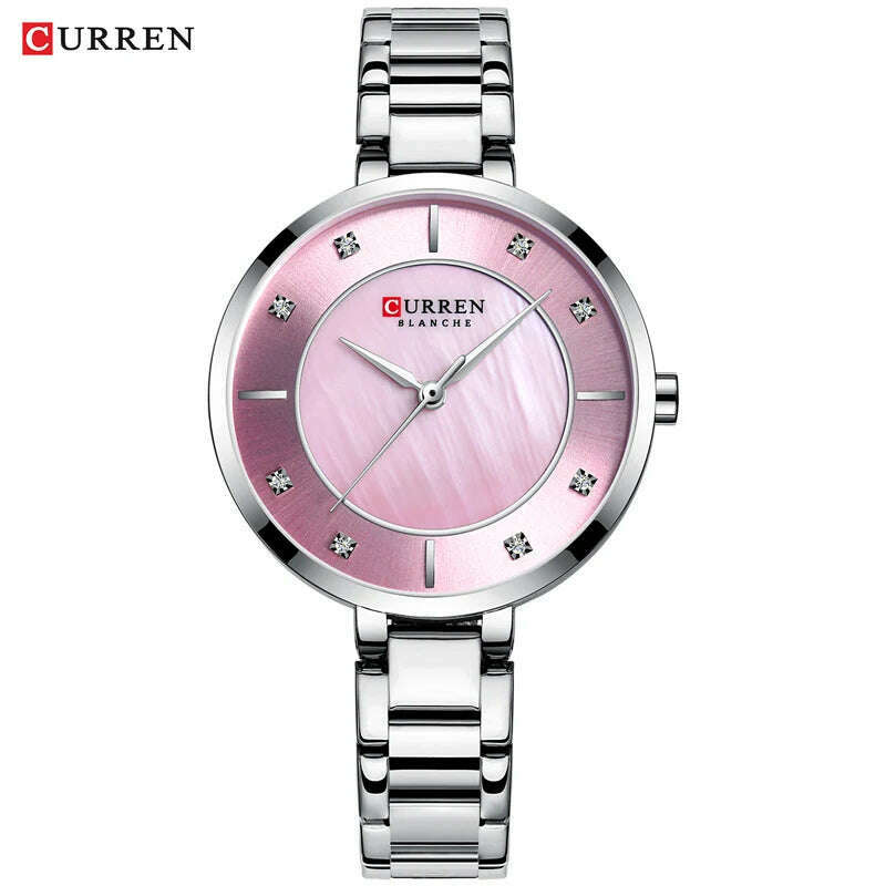 KIMLUD, CURREN Ladies Watches Fashion Elegant Quartz Watch Women Dress Wristwatch with Rhinestone Set Dial Rose Gold Steel Band Clock, silver pink, KIMLUD APPAREL - Womens Clothes