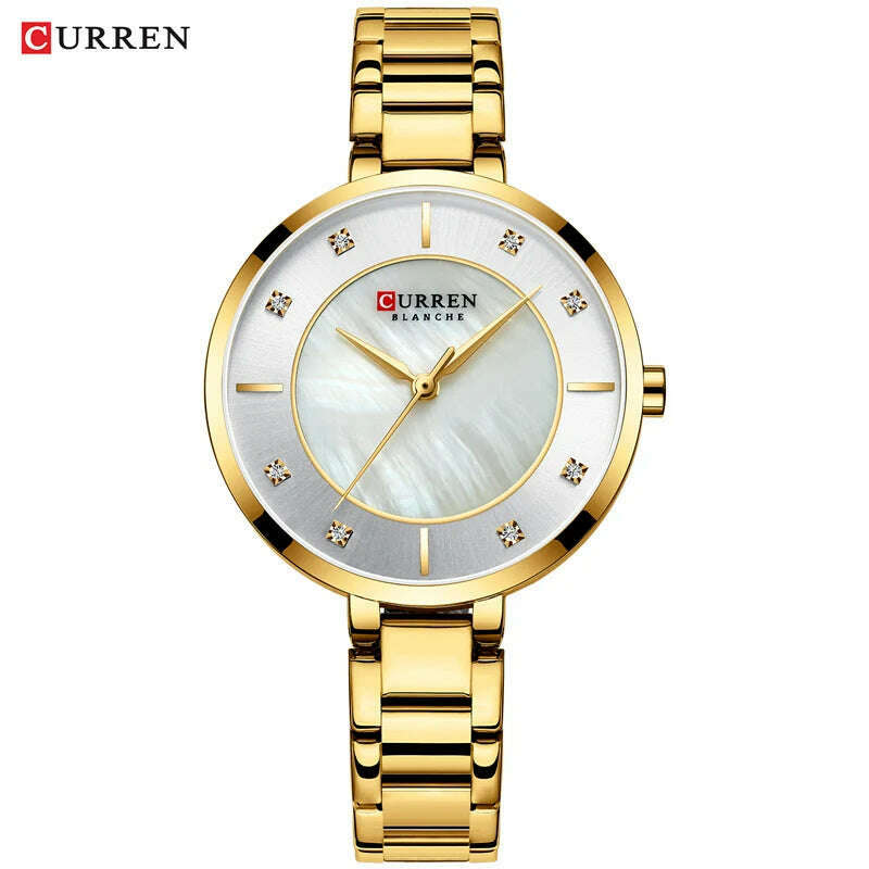 KIMLUD, CURREN Ladies Watches Fashion Elegant Quartz Watch Women Dress Wristwatch with Rhinestone Set Dial Rose Gold Steel Band Clock, gold, KIMLUD APPAREL - Womens Clothes