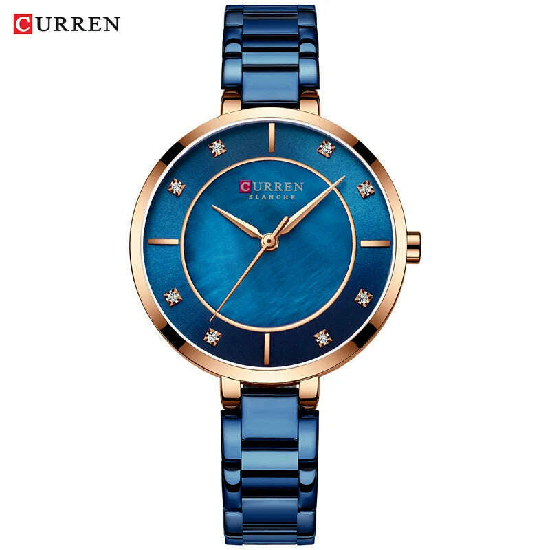 KIMLUD, CURREN Ladies Watches Fashion Elegant Quartz Watch Women Dress Wristwatch with Rhinestone Set Dial Rose Gold Steel Band Clock, blue, KIMLUD APPAREL - Womens Clothes