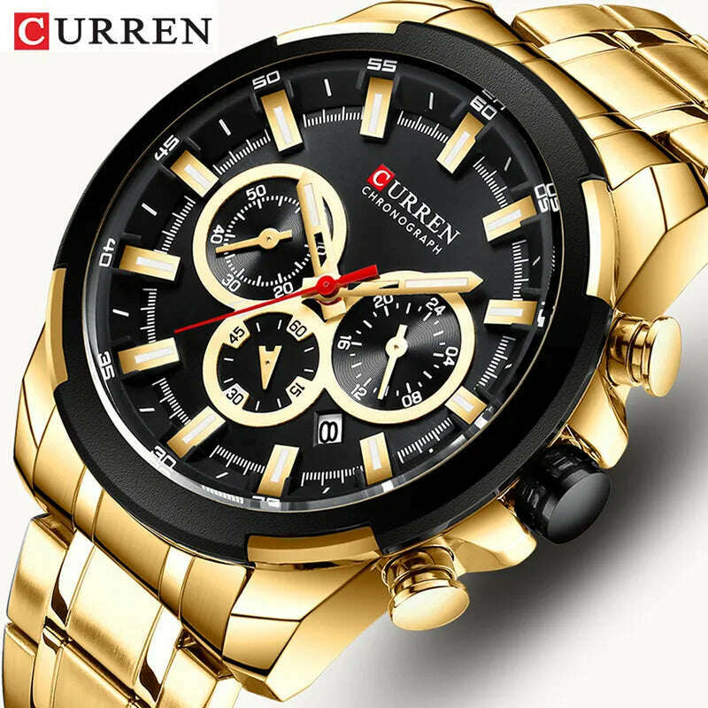 CURREN Men’s Watches Top Brand Big Sport Watch Luxury Men Military Steel Quartz Wrist Watches Chronograph Gold Design Male Clock - KIMLUD