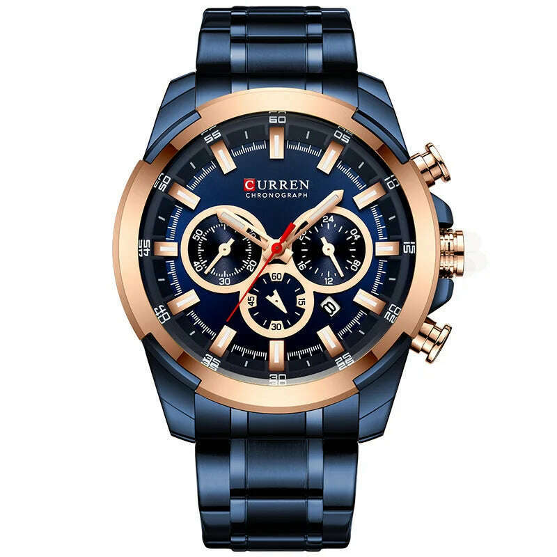 KIMLUD, CURREN Men’s Watches Top Brand Big Sport Watch Luxury Men Military Steel Quartz Wrist Watches Chronograph Gold Design Male Clock, Rose Gold Blue, KIMLUD APPAREL - Womens Clothes