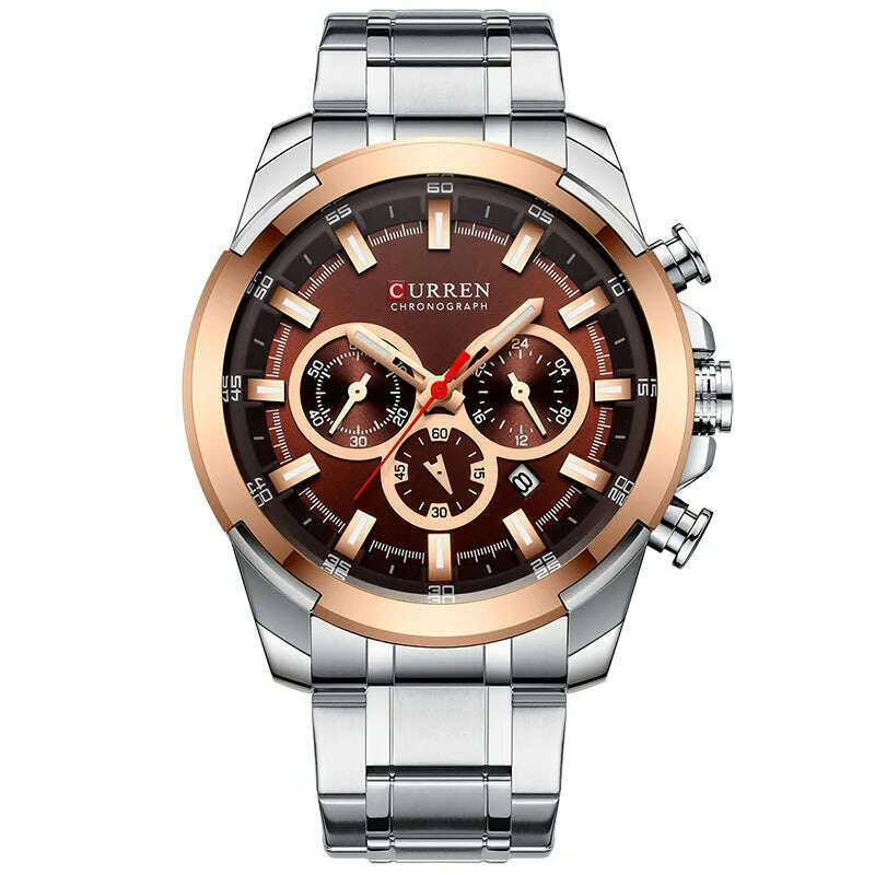 KIMLUD, CURREN Men’s Watches Top Brand Big Sport Watch Luxury Men Military Steel Quartz Wrist Watches Chronograph Gold Design Male Clock, Silver Brown, KIMLUD APPAREL - Womens Clothes