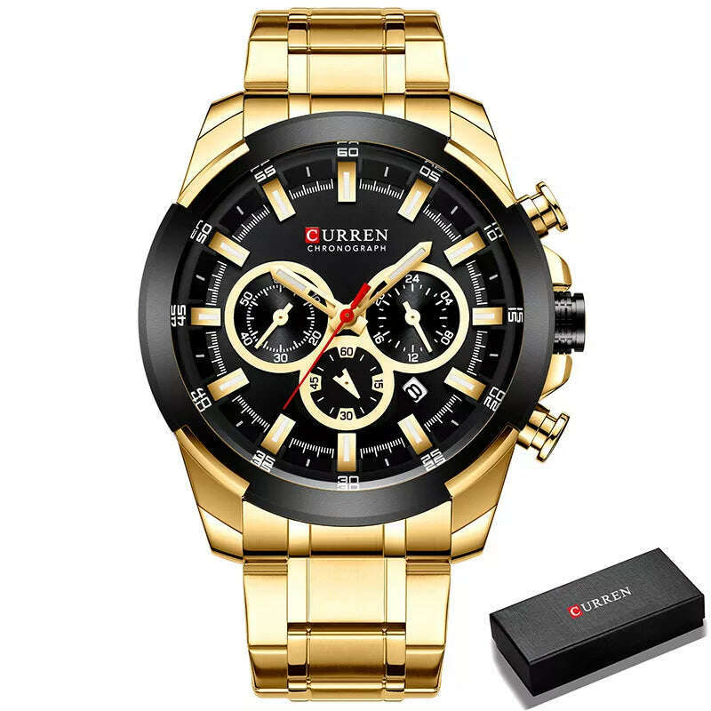 KIMLUD, CURREN Men’s Watches Top Brand Big Sport Watch Luxury Men Military Steel Quartz Wrist Watches Chronograph Gold Design Male Clock, G B Box, KIMLUD APPAREL - Womens Clothes