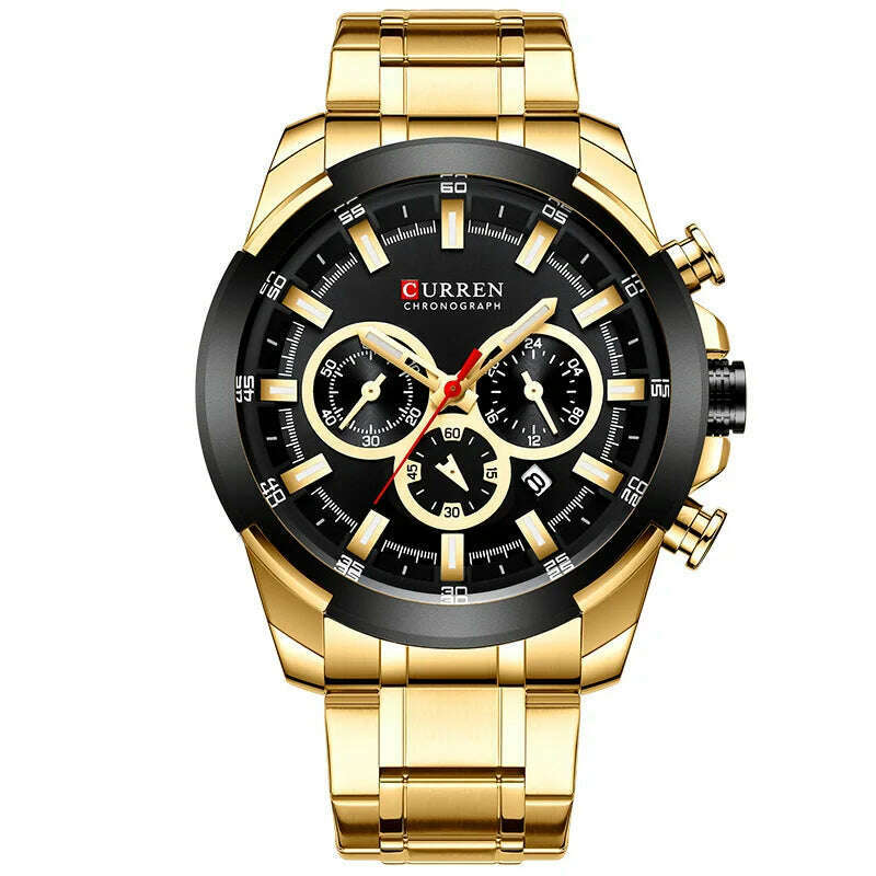 KIMLUD, CURREN Men’s Watches Top Brand Big Sport Watch Luxury Men Military Steel Quartz Wrist Watches Chronograph Gold Design Male Clock, Gold Black, KIMLUD APPAREL - Womens Clothes