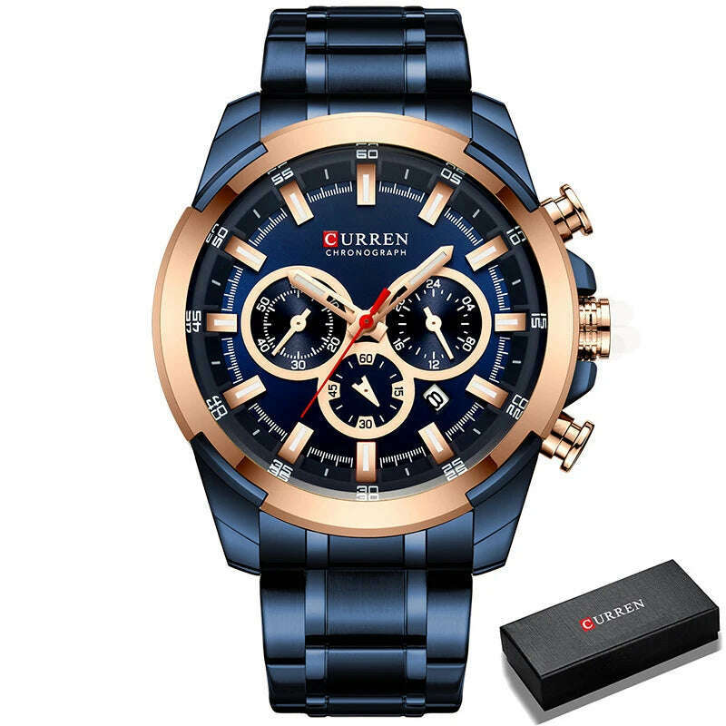 KIMLUD, CURREN Men’s Watches Top Brand Big Sport Watch Luxury Men Military Steel Quartz Wrist Watches Chronograph Gold Design Male Clock, RG BE Box, KIMLUD APPAREL - Womens Clothes