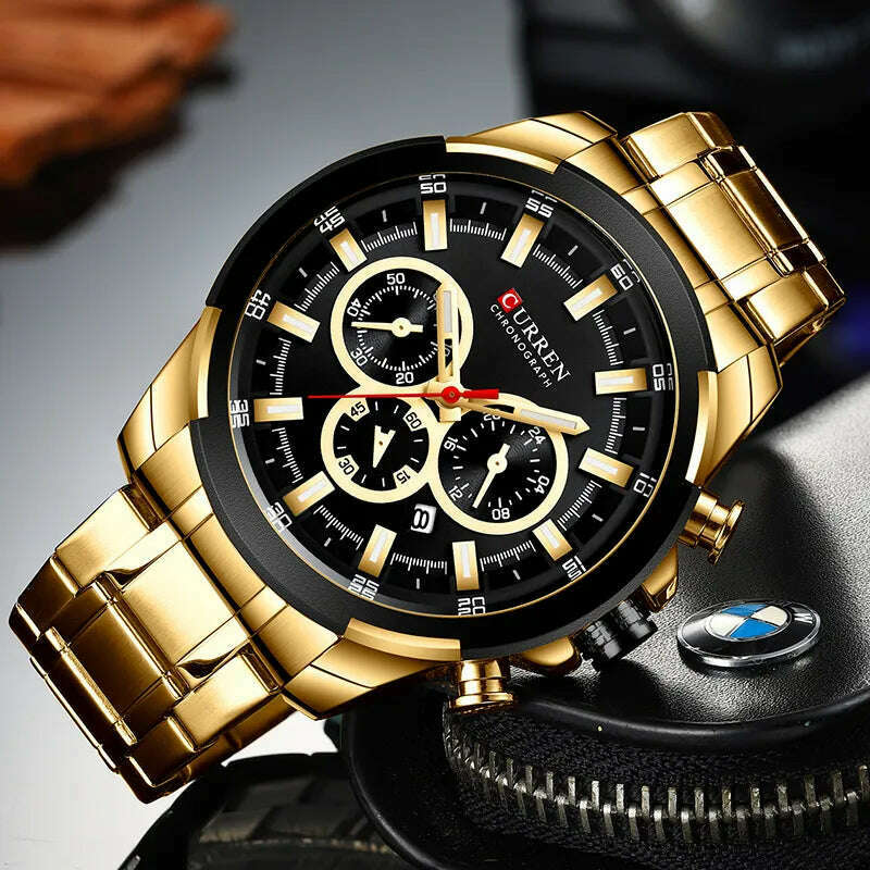 KIMLUD, CURREN Men’s Watches Top Brand Big Sport Watch Luxury Men Military Steel Quartz Wrist Watches Chronograph Gold Design Male Clock, KIMLUD Womens Clothes