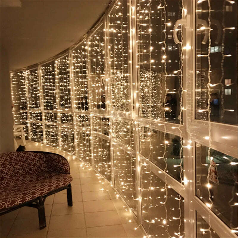 Curtain 3*2.5M 240LED String Light Fairy Icicle Outdoor Garland LED Light For Window Wedding Home Xmas Decoration Lighting - KIMLUD