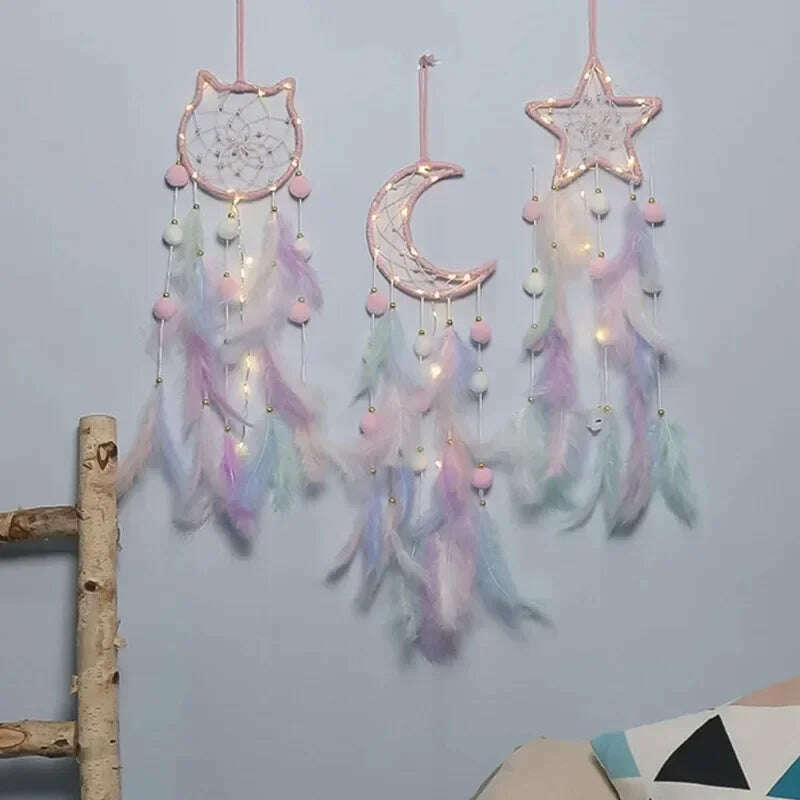 KIMLUD, Cute Dream Catcher To Hang Home Decoration Star Moon Dreamcatcher Feather Ornaments Wall Hanging Interior Kid Room House Decor, KIMLUD Womens Clothes