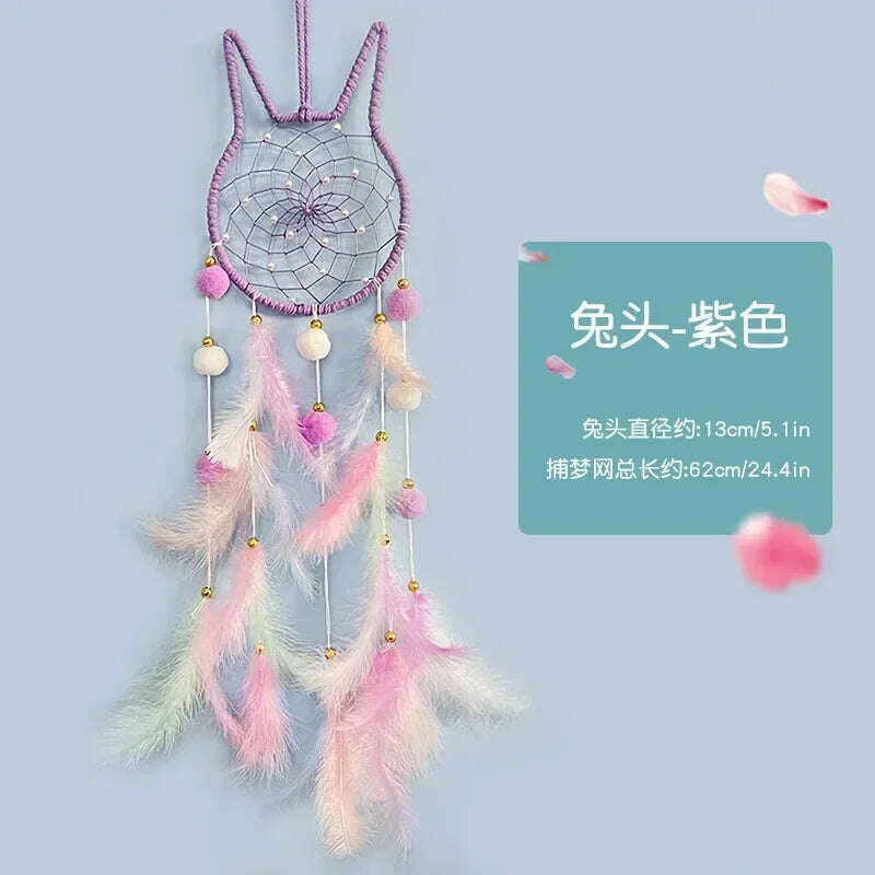 KIMLUD, Cute Dream Catcher To Hang Home Decoration Star Moon Dreamcatcher Feather Ornaments Wall Hanging Interior Kid Room House Decor, Rabbit  - purple / With lights, KIMLUD APPAREL - Womens Clothes