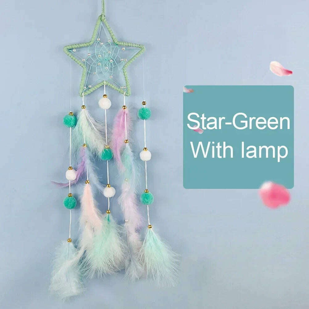 KIMLUD, Cute Dream Catcher To Hang Home Decoration Star Moon Dreamcatcher Feather Ornaments Wall Hanging Interior Kid Room House Decor, Star style-green / With lights, KIMLUD APPAREL - Womens Clothes