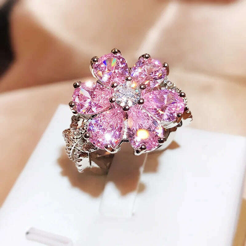 KIMLUD, Cute Female Pink Crystal Stone Ring Charm Upscale Thin 925 Sterling Silver Wedding Rings for Women Bride Flower Zircon Jewelry, KIMLUD Womens Clothes