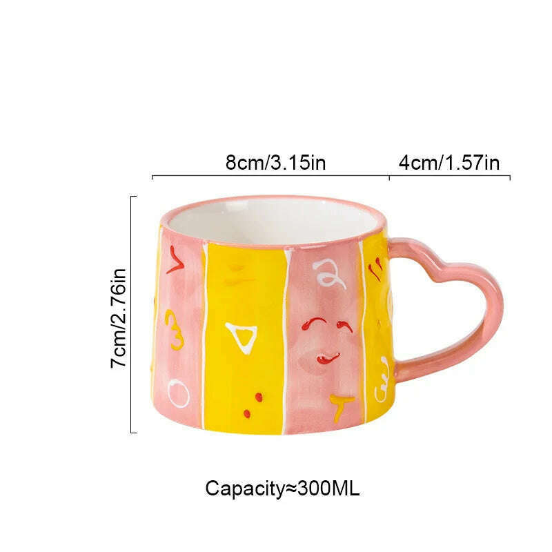 KIMLUD, Cute INS Ceramic Mug Creative Hand-Painted Love Heart Coffee Cup Breakfast Milk Cup Afternoon tea Mug Valentine's Day present, Symbol / 301-400ml, KIMLUD APPAREL - Womens Clothes