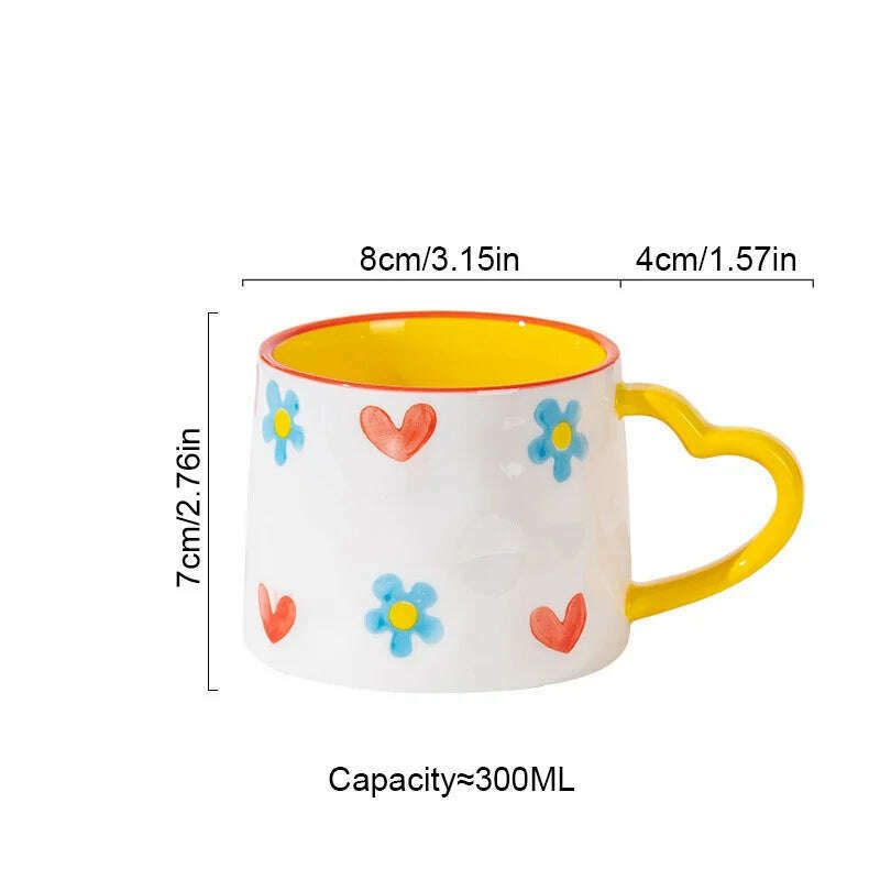 KIMLUD, Cute INS Ceramic Mug Creative Hand-Painted Love Heart Coffee Cup Breakfast Milk Cup Afternoon tea Mug Valentine's Day present, Heart flower / 301-400ml, KIMLUD APPAREL - Womens Clothes