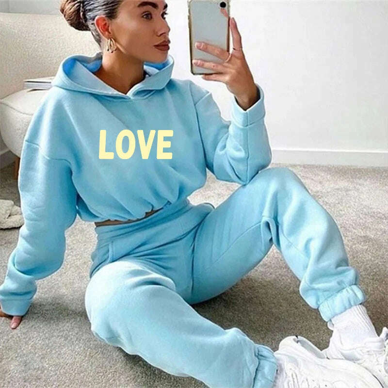 KIMLUD, Cute LOVE Letter Print Tracksuit Women Suit Fleece Hoodies Casual Sports Wear Long Sleeved Sweater Trousers Sexy Suit, Blue / S, KIMLUD APPAREL - Womens Clothes