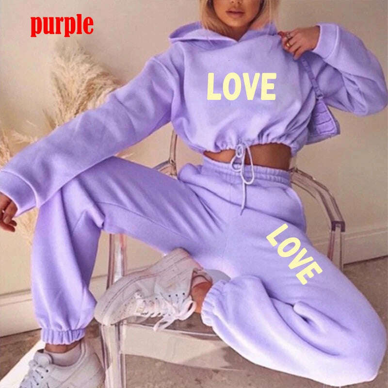 KIMLUD, Cute LOVE Letter Print Tracksuit Women Suit Fleece Hoodies Casual Sports Wear Long Sleeved Sweater Trousers Sexy Suit, PURPLE / S, KIMLUD APPAREL - Womens Clothes