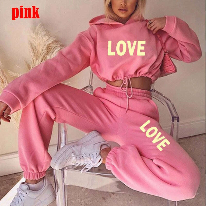 KIMLUD, Cute LOVE Letter Print Tracksuit Women Suit Fleece Hoodies Casual Sports Wear Long Sleeved Sweater Trousers Sexy Suit, Pink / S, KIMLUD APPAREL - Womens Clothes