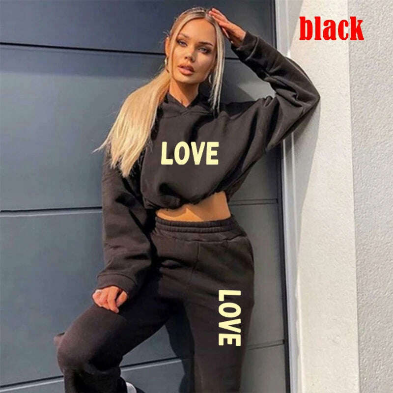 KIMLUD, Cute LOVE Letter Print Tracksuit Women Suit Fleece Hoodies Casual Sports Wear Long Sleeved Sweater Trousers Sexy Suit, black / S, KIMLUD APPAREL - Womens Clothes