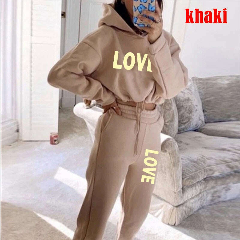 KIMLUD, Cute LOVE Letter Print Tracksuit Women Suit Fleece Hoodies Casual Sports Wear Long Sleeved Sweater Trousers Sexy Suit, Khaki / M, KIMLUD APPAREL - Womens Clothes