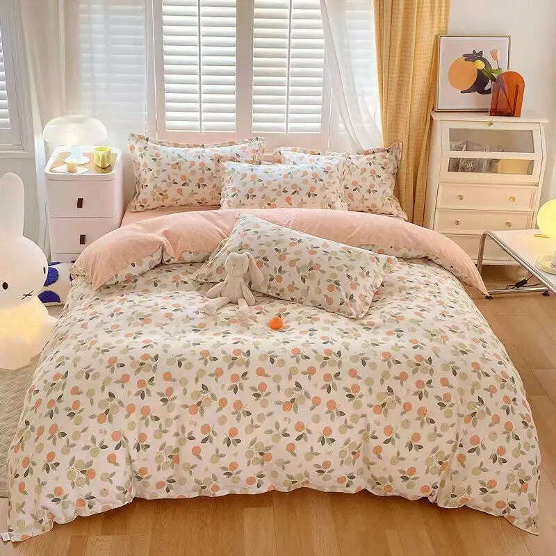 KIMLUD, Cute Pink Strawberry Duvet Cover Flat Sheet Pillowcase Floral Bedding Set Girls Bed Linen Soft Thick Washed Cotton Bedclothes, KIMLUD Womens Clothes