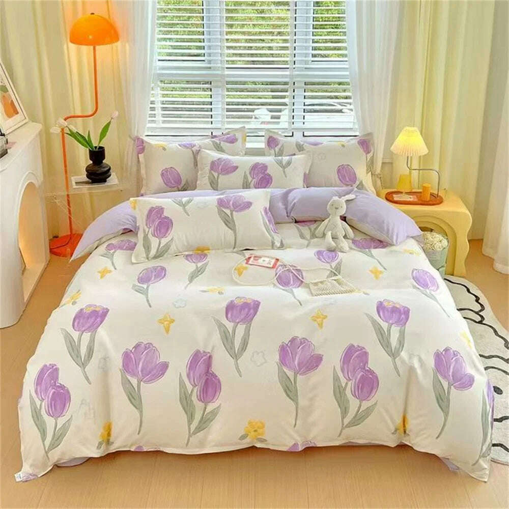 KIMLUD, Cute Pink Strawberry Duvet Cover Flat Sheet Pillowcase Floral Bedding Set Girls Bed Linen Soft Thick Washed Cotton Bedclothes, KIMLUD Womens Clothes