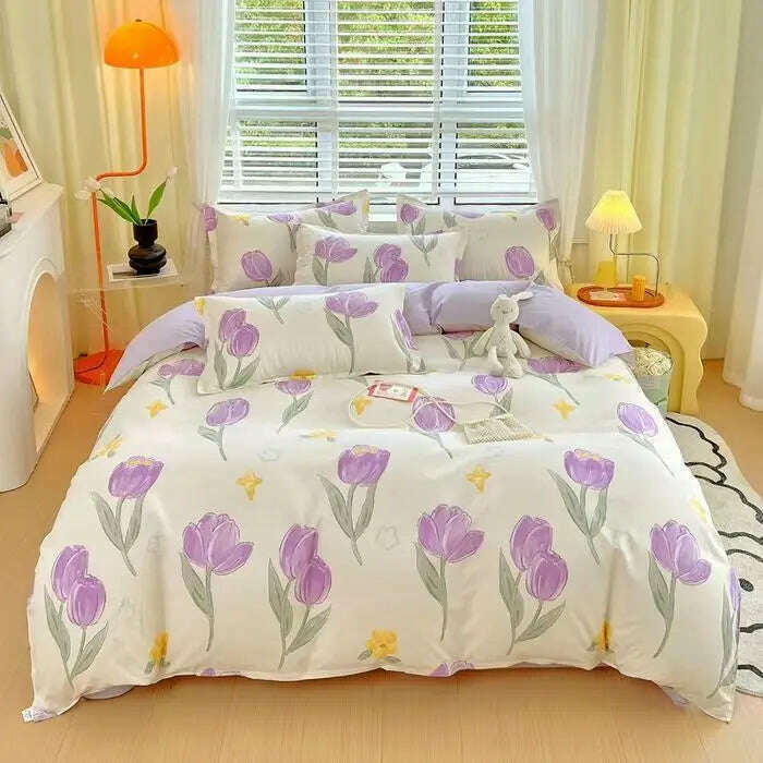 KIMLUD, Cute Pink Strawberry Duvet Cover Flat Sheet Pillowcase Floral Bedding Set Girls Bed Linen Soft Thick Washed Cotton Bedclothes, KIMLUD Womens Clothes