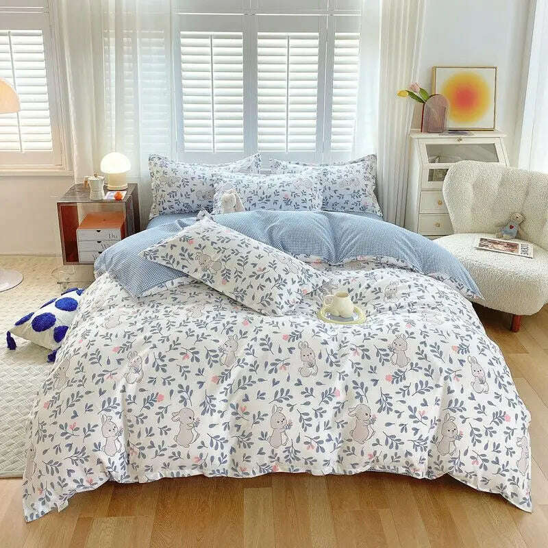 KIMLUD, Cute Pink Strawberry Duvet Cover Flat Sheet Pillowcase Floral Bedding Set Girls Bed Linen Soft Thick Washed Cotton Bedclothes, KIMLUD Womens Clothes