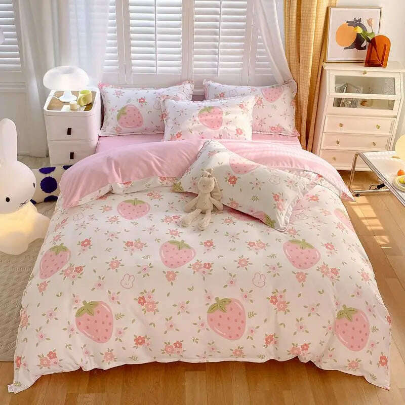 KIMLUD, Cute Pink Strawberry Duvet Cover Flat Sheet Pillowcase Floral Bedding Set Girls Bed Linen Soft Thick Washed Cotton Bedclothes, KIMLUD Womens Clothes