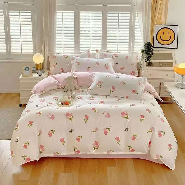 KIMLUD, Cute Pink Strawberry Duvet Cover Flat Sheet Pillowcase Floral Bedding Set Girls Bed Linen Soft Thick Washed Cotton Bedclothes, KIMLUD Womens Clothes