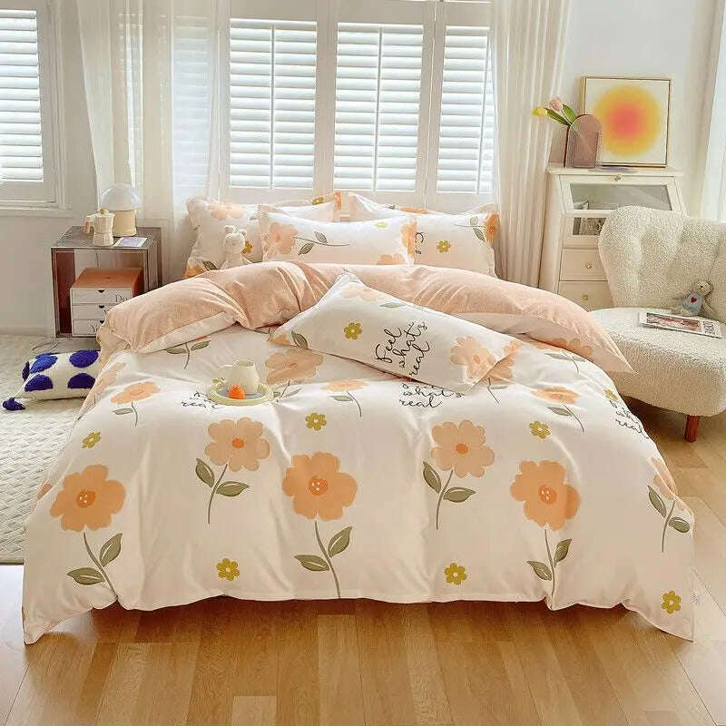 KIMLUD, Cute Pink Strawberry Duvet Cover Flat Sheet Pillowcase Floral Bedding Set Girls Bed Linen Soft Thick Washed Cotton Bedclothes, KIMLUD Womens Clothes