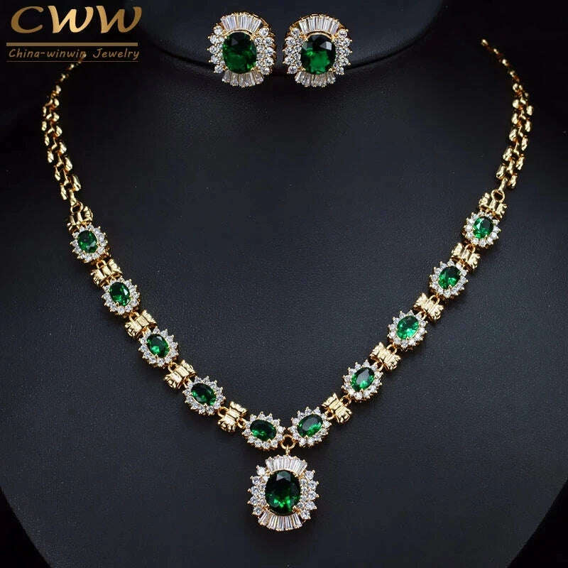 KIMLUD, CWWZircons 6 Color Choice Green Cubic Zirconia Crystal Necklace and Earring Gold Color Indian Wedding Jewelry Set for Women T273, KIMLUD Womens Clothes