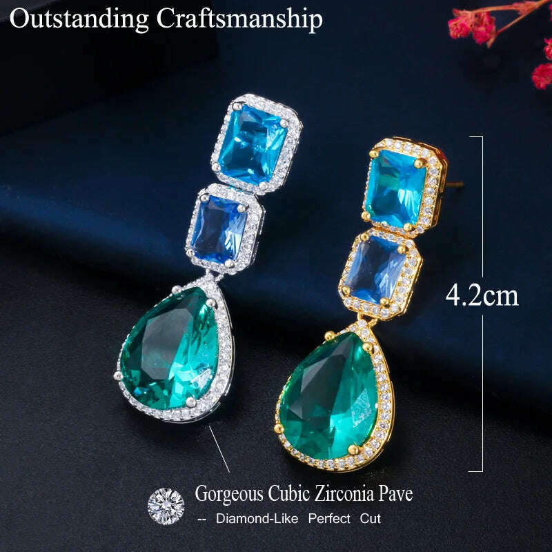 CWWZircons Unique Designer Big Long Water Drop Blue Crystal Cubic Zirconia Bohemian Earrings Jewelry Accessories for Women CZ729 - KIMLUD