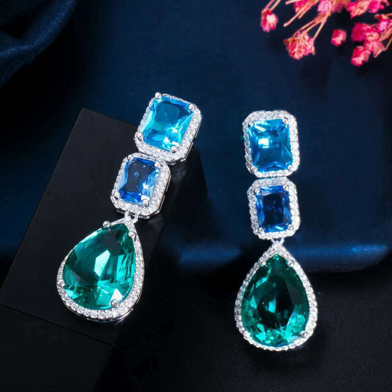 CWWZircons Unique Designer Big Long Water Drop Blue Crystal Cubic Zirconia Bohemian Earrings Jewelry Accessories for Women CZ729 - KIMLUD